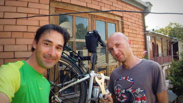 Xabier and Tamaz repairing bicycle  ^_^